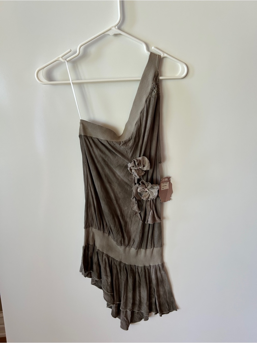 Hale Bob One-Shoulder Ruffle Dress in Taupe